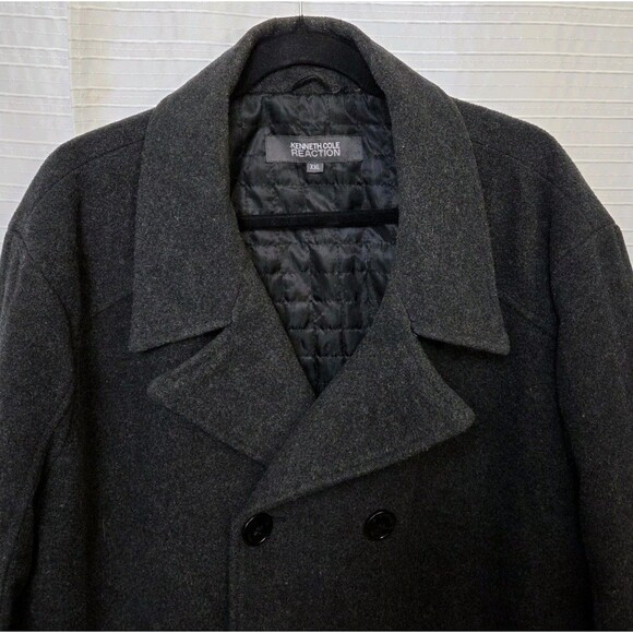 Kenneth Cole Reaction Pea Coat Men's XXL Double Breasted Wool Blend Charcoal - Picture 12 of 13